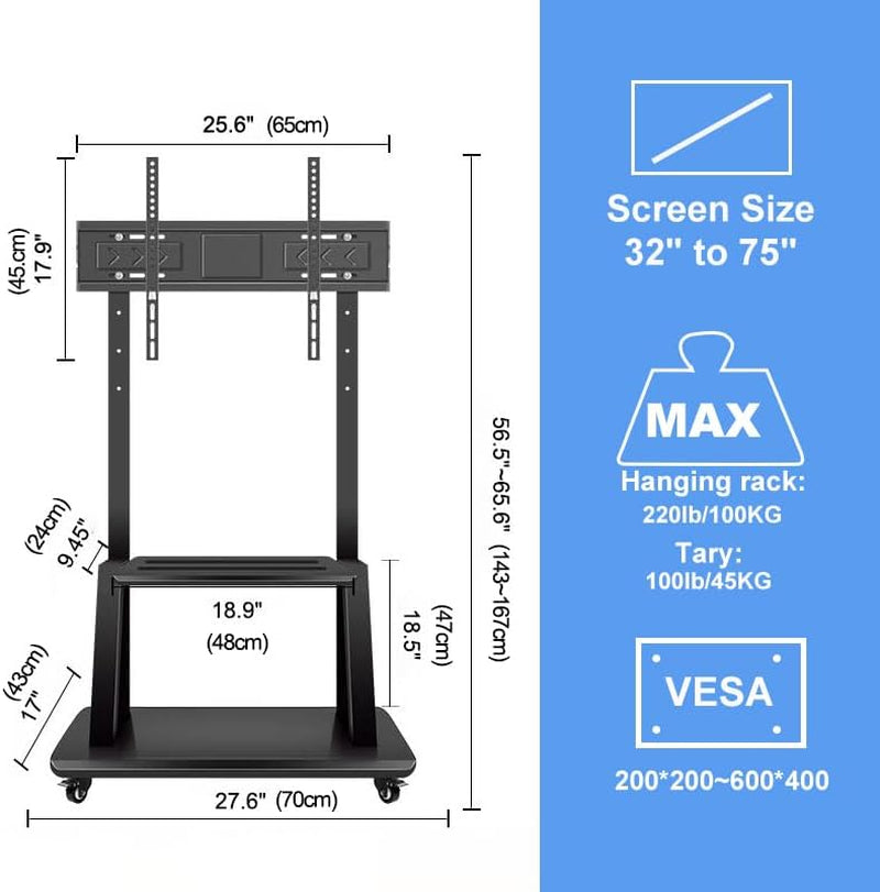 Mobile TV Stand,Rolling Tvs Cart on Wheels Height Adjustable Heavy-Duty Floor Stand Base for 32-75 Inch LCD LED OLED Flat Panel Screens Smartboard Movable Holds up to 220Lbs with Shelf