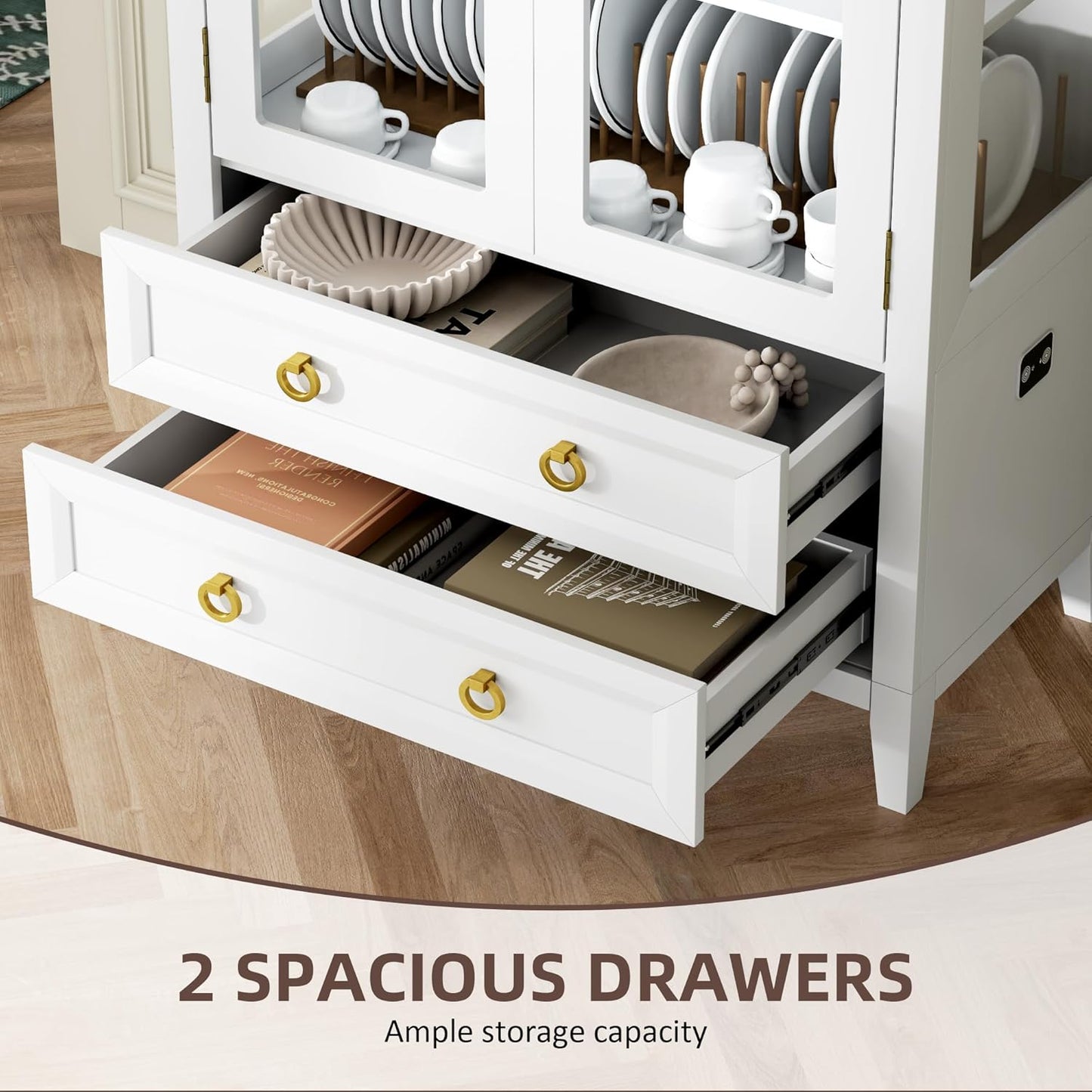 71 Inch Arched Curio Cabinet, 4-Tier Display Cabinet and 2 Drawers, Tall Bookcase with 3 Color Lights, Display Case with Glass Doors, Kitchen Pantry, White