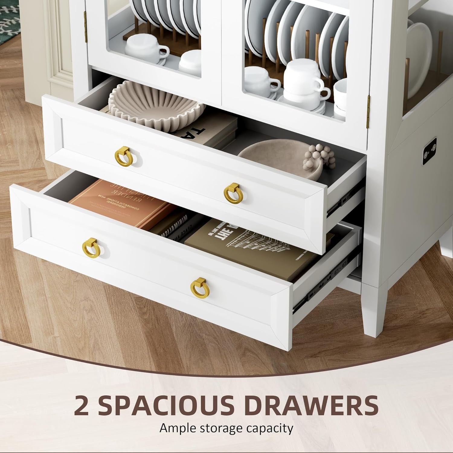 71 Inch Arched Curio Cabinet, 4-Tier Display Cabinet and 2 Drawers, Tall Bookcase with 3 Color Lights, Display Case with Glass Doors, Kitchen Pantry, White
