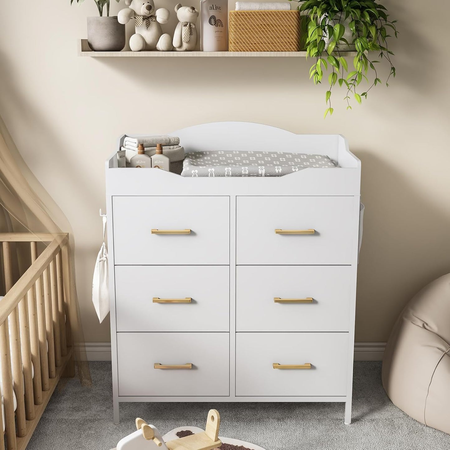 White Changing Table Dresser with 6 Fabric Drawers and Side Pockets, Nursery Dresser with Changing Top, Baby Dresser with Drawers, Diaper Changing Station for Nursery and Bedroom