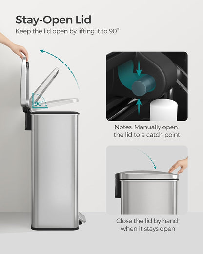 Kitchen Trash Can, 10.5 Gallon (40 L) Garbage Can, Large Step Trash Bin with Lid, Stainless Steel, Soft Close, 15 Trash Bags Included, Silver ULTB540E40