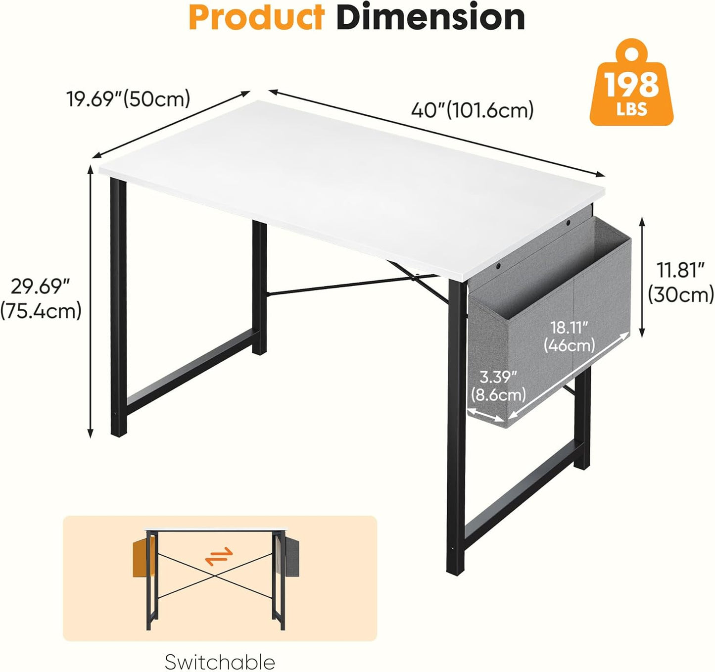 40 Inch Computer Desk Home Office Desks for Bedroom Writing Gaming Work Study Table with Storage Bag for Small Spaces, Modern Workstation in Bright White