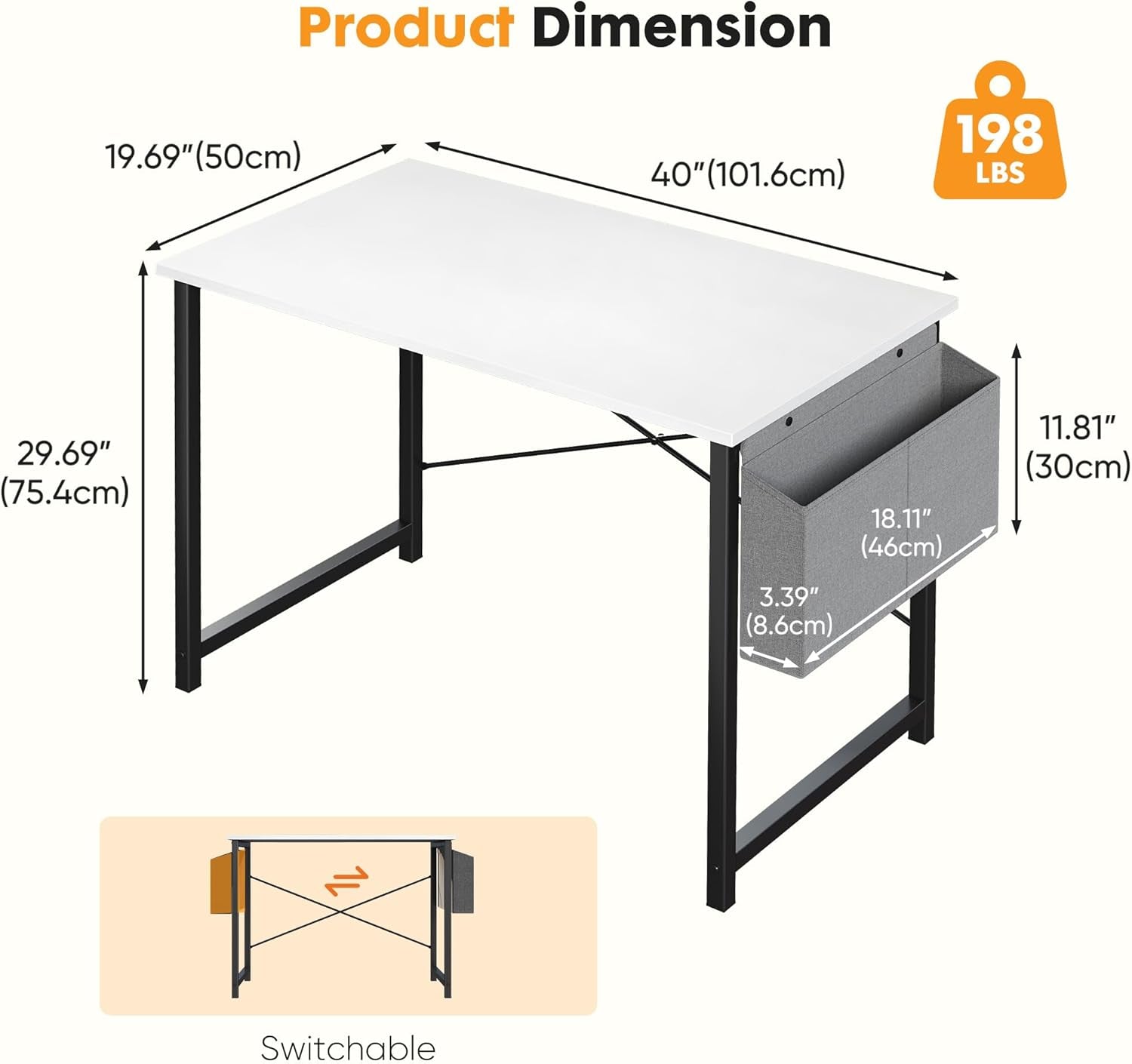 40 Inch Computer Desk Home Office Desks for Bedroom Writing Gaming Work Study Table with Storage Bag for Small Spaces, Modern Workstation in Bright White