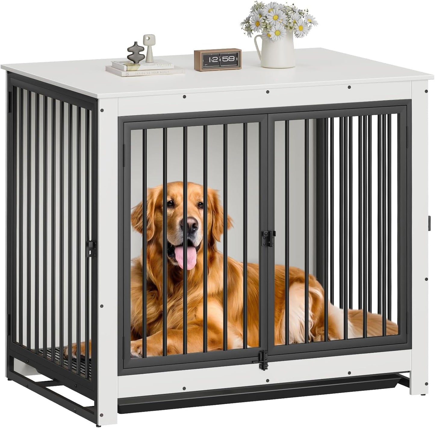 Dog Crate Furniture, Large Dog Crate Furniture, Wooden Cage Kennel Furniture Indoor, Modern Dog Crate with Multi-Purpose Removable Tray, Double-Doors Dog Furniture, End Table Dog Crate, White