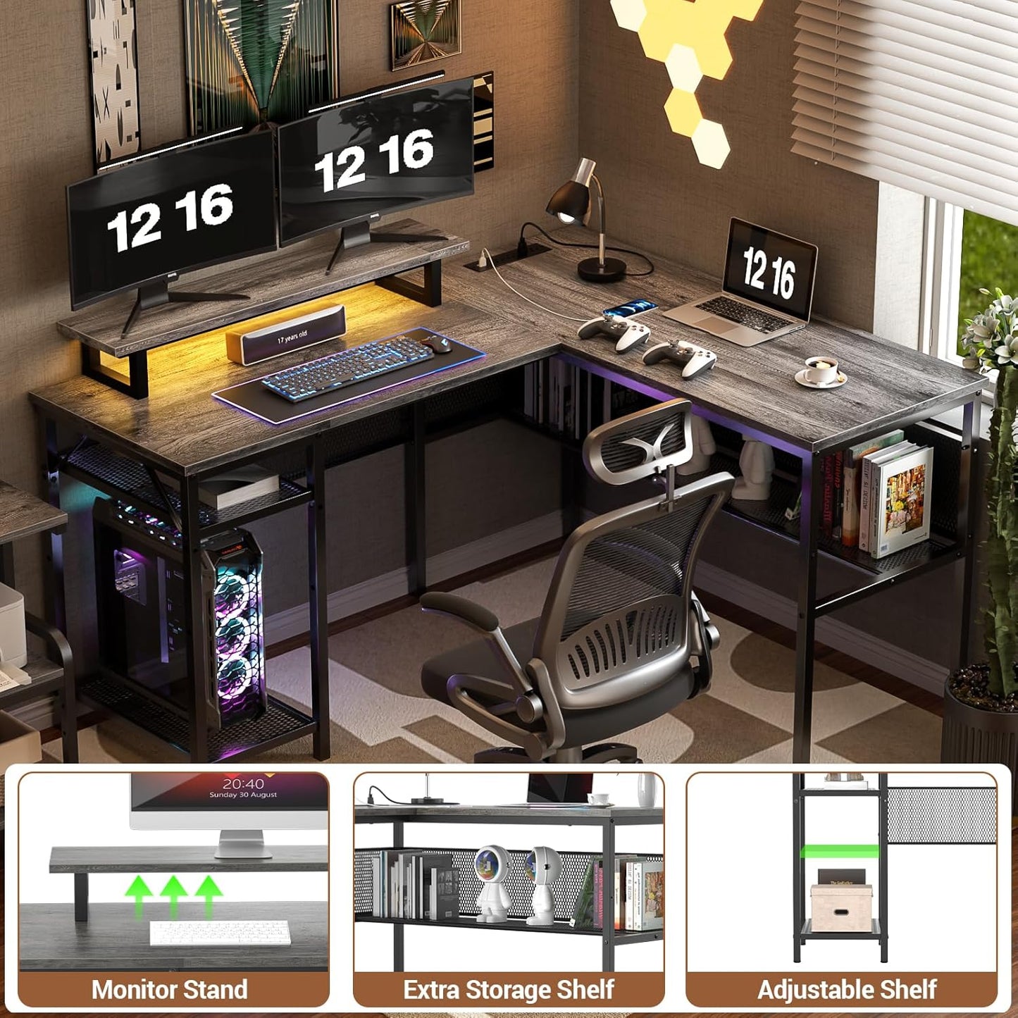 L Shaped Computer Desk with Magic Power Outlets and Smart LED Light, Reversible 55 Inch Corner Office Desk with Monitor Stand, Unique Grid Design, Gaming Table with Storage, Black Oak