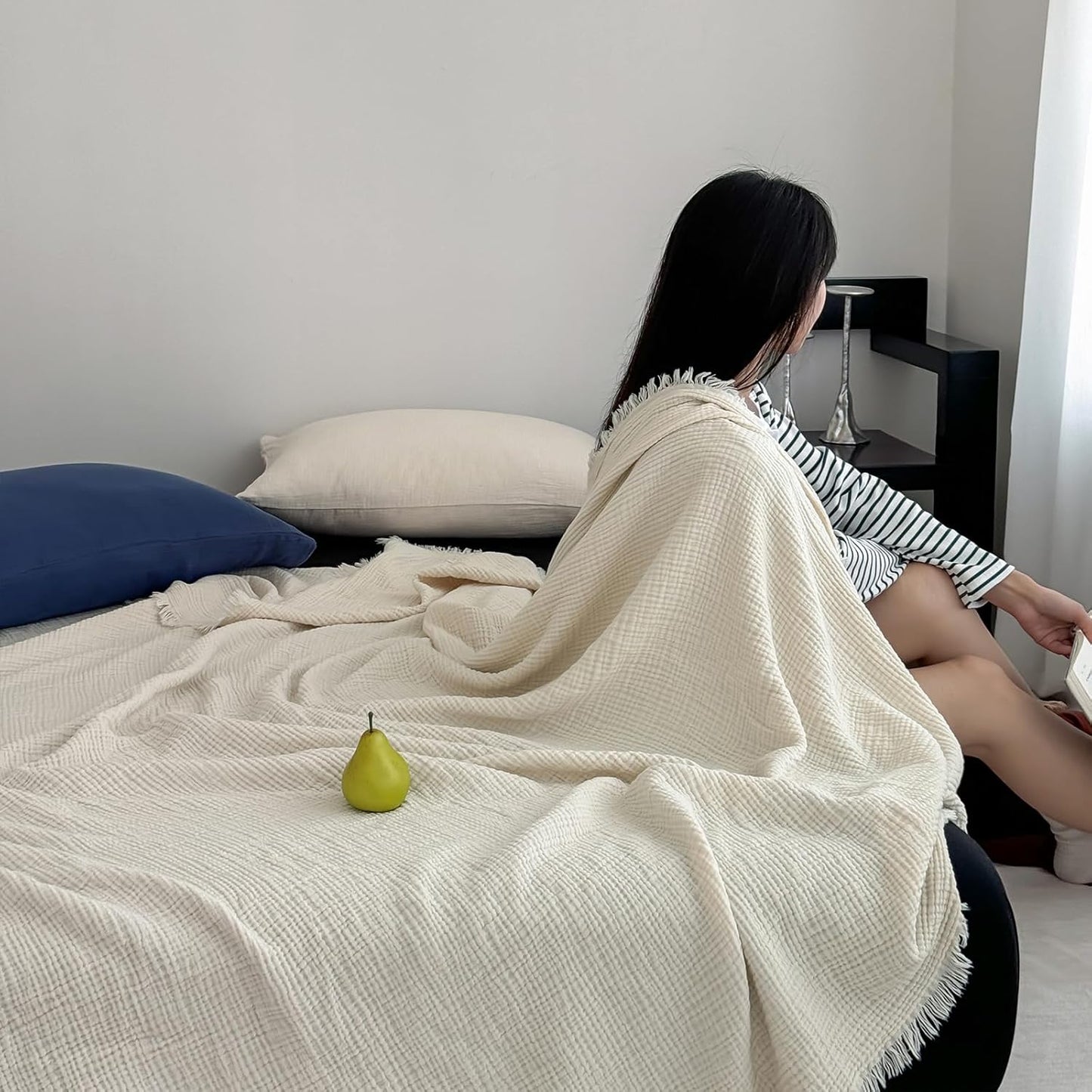 100% Cotton Muslin Throw Blanket with Fringes 50"X60", 4-Layer Cotton Gauze Blankets for Adults, Boho Bedding Breathable Lightweight Ultra-Soft for Couch Bed Sofa All Seasons, Linen Beige