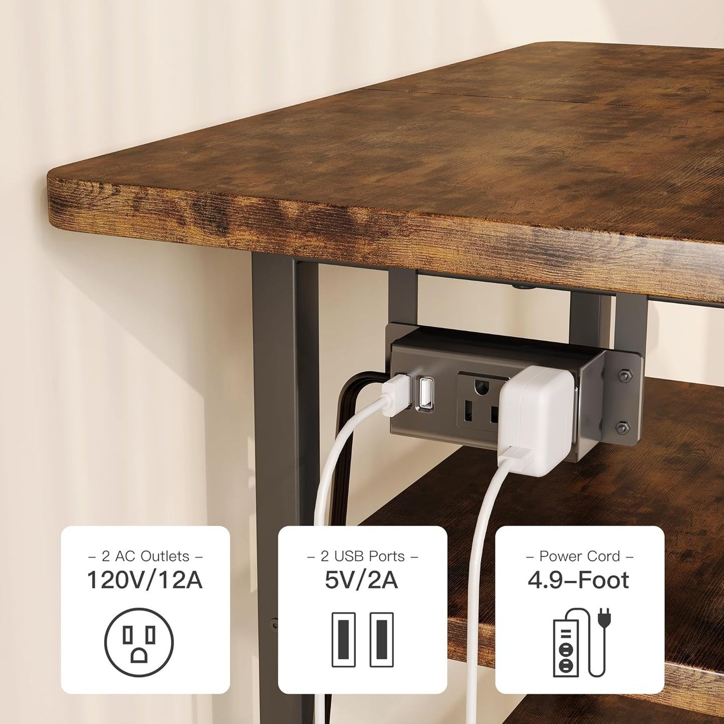 4-Tier AV Media Stand with Power Outlet, Wooden Record Player Stand, Entertainment Center with Storage Shelves, Stereo Stand DVD Stand for Bedroom, Living Room, Brown