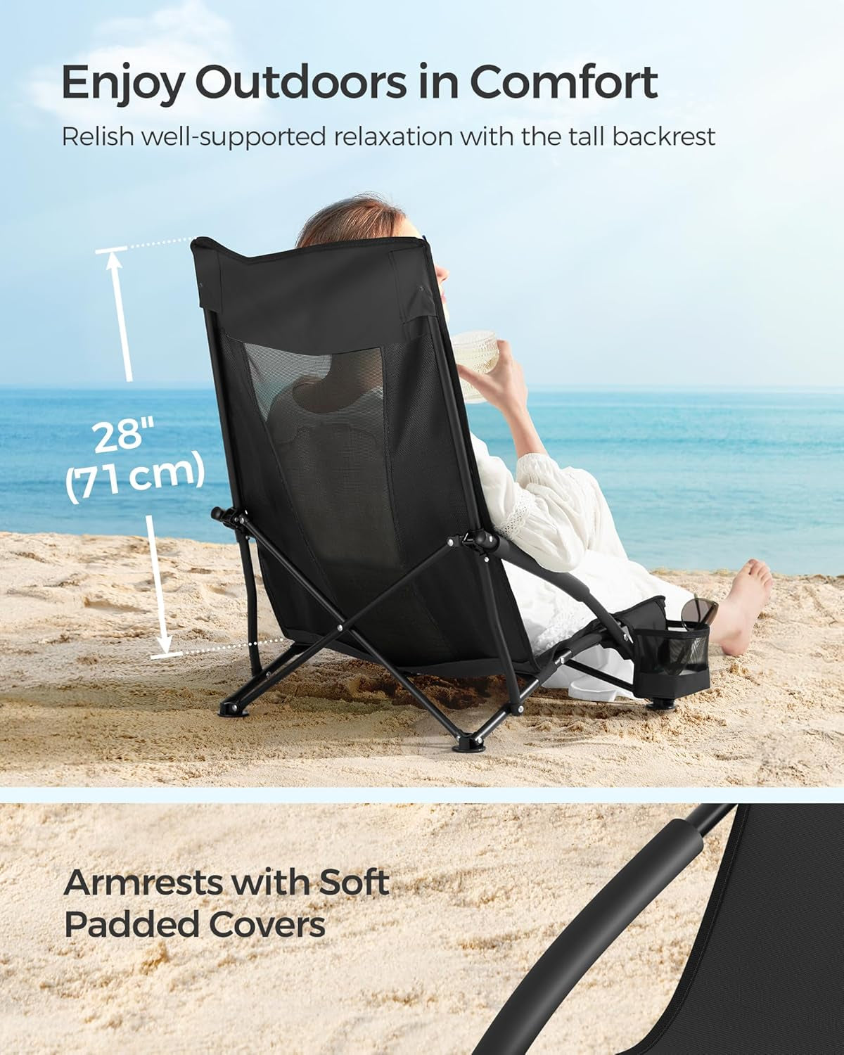 Set of 2 Portable Beach Chairs for Adults, Max. Load 330 Lb Each, High Backrest, Cup Holder, Lightweight, Heavy-Duty, Black UGCB067B01V1