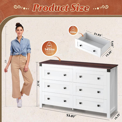 Farmhouse 6 Drawer Dresser for Bedroom, 53.07'' Wide Wood Dresser, White Dressers Storage Organizer with Double Rustic Handle, TV Stand for 60 Inch TV, Chest of Drawers for Living Room, Hallway