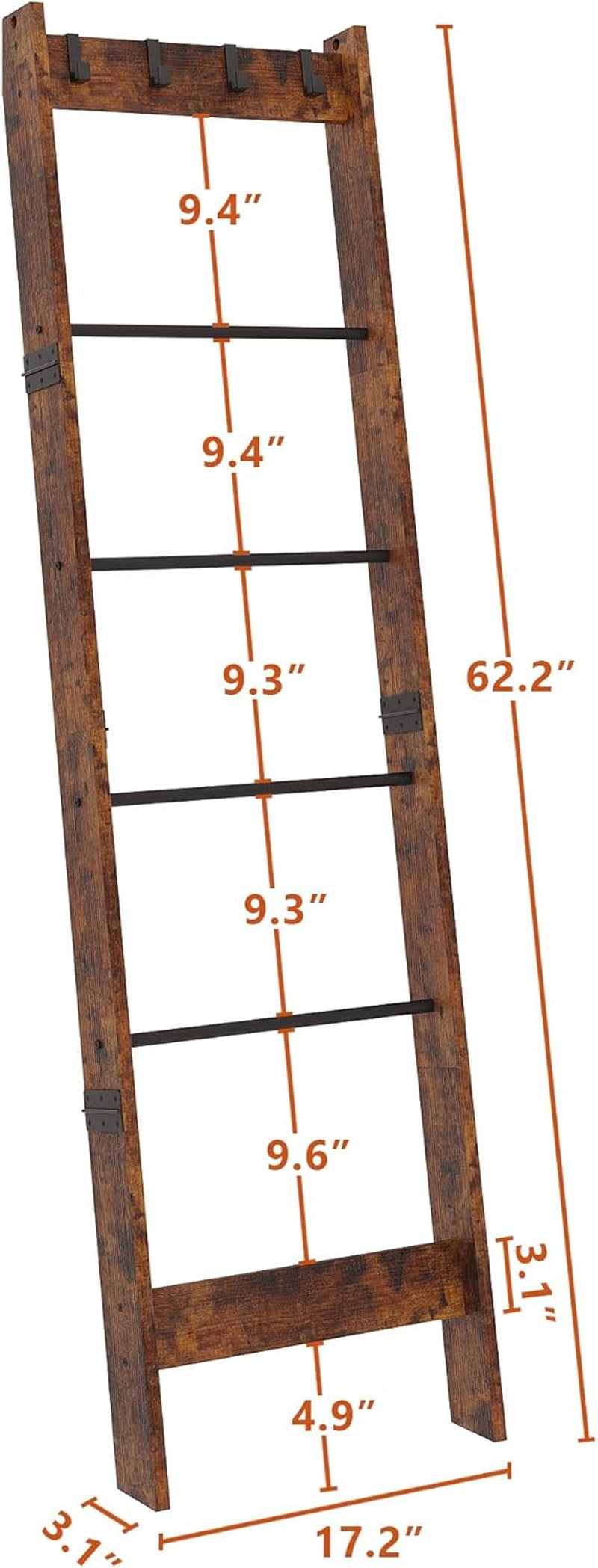 6 Tier Blanket Ladder Shelf for Living Room and Bedroom, Ladder Holder with 4 Metal Hooks, 5.2Ft Blanket Quilt Holder Rack, Farmhouse Ladder Rack for Storage and Home Decor, Rustic Brown