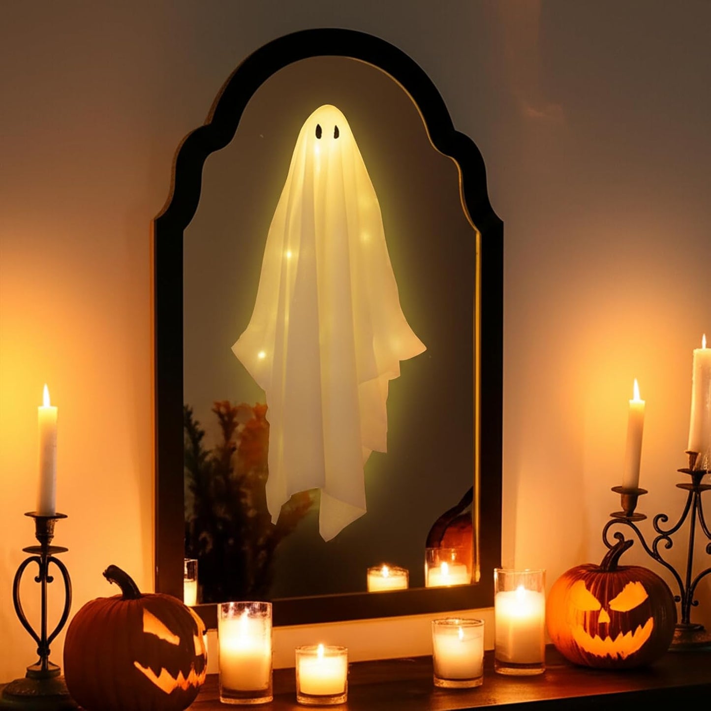 21.6" X 12.9" Halloween Ghost Mirror, Ghost Hologram Mirror with Remote, Spooky Halloween Ghost Decoration Indoor for Wall Mantle, DIY Haunted House Props-Wavy Border