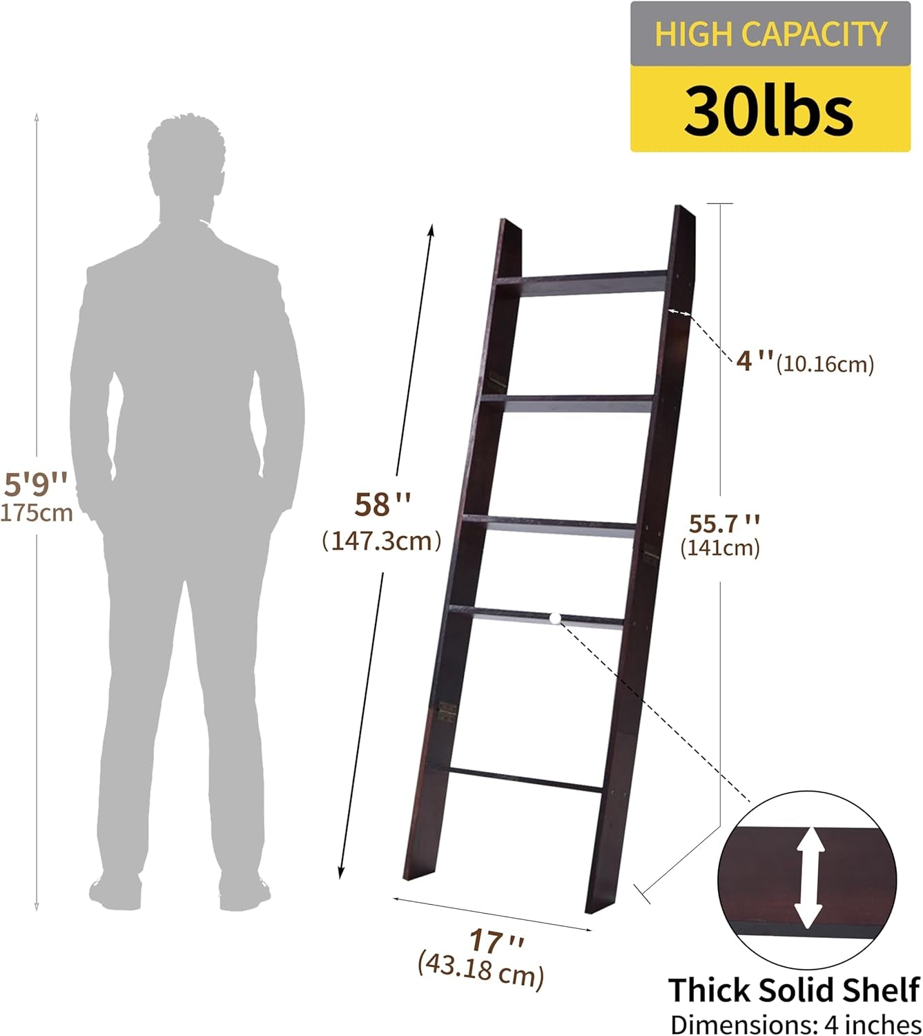 5-Tier Blanket Ladder for the Living Room, 4.8 FT Anti-Slip Decorative Ladder Shelf Leaning Quilt Rack, Lightweight, Easy Assemble, Wooden Blanket Rack (Brown)