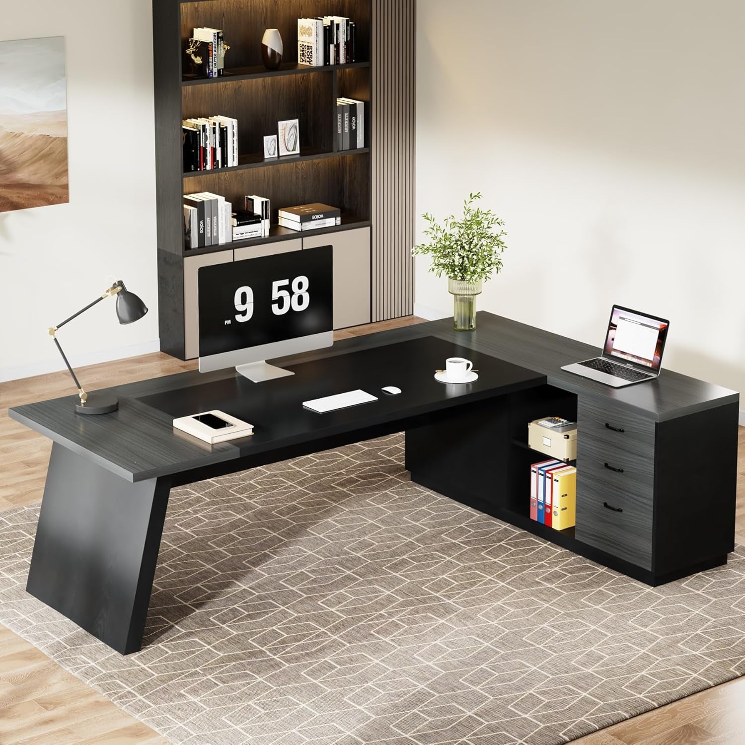 78" L-Shaped Executive Desk, Large Modern Office Desk with Drawers and Lateral File Cabinet, Business Furniture with Storage Shelves, Big Computer Desk for Home Office (Grey + Blcak)