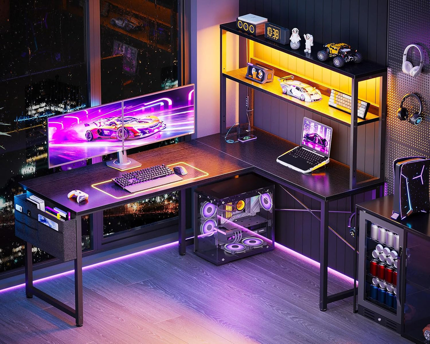 53 Inch L Shaped Desk with LED Lighting, Reversible Gaming Desk with Power Outlets, Cornor Computer Table with Storage Shelves & Bag & Iron Hook, Home Office Table for Writing, Study, Black