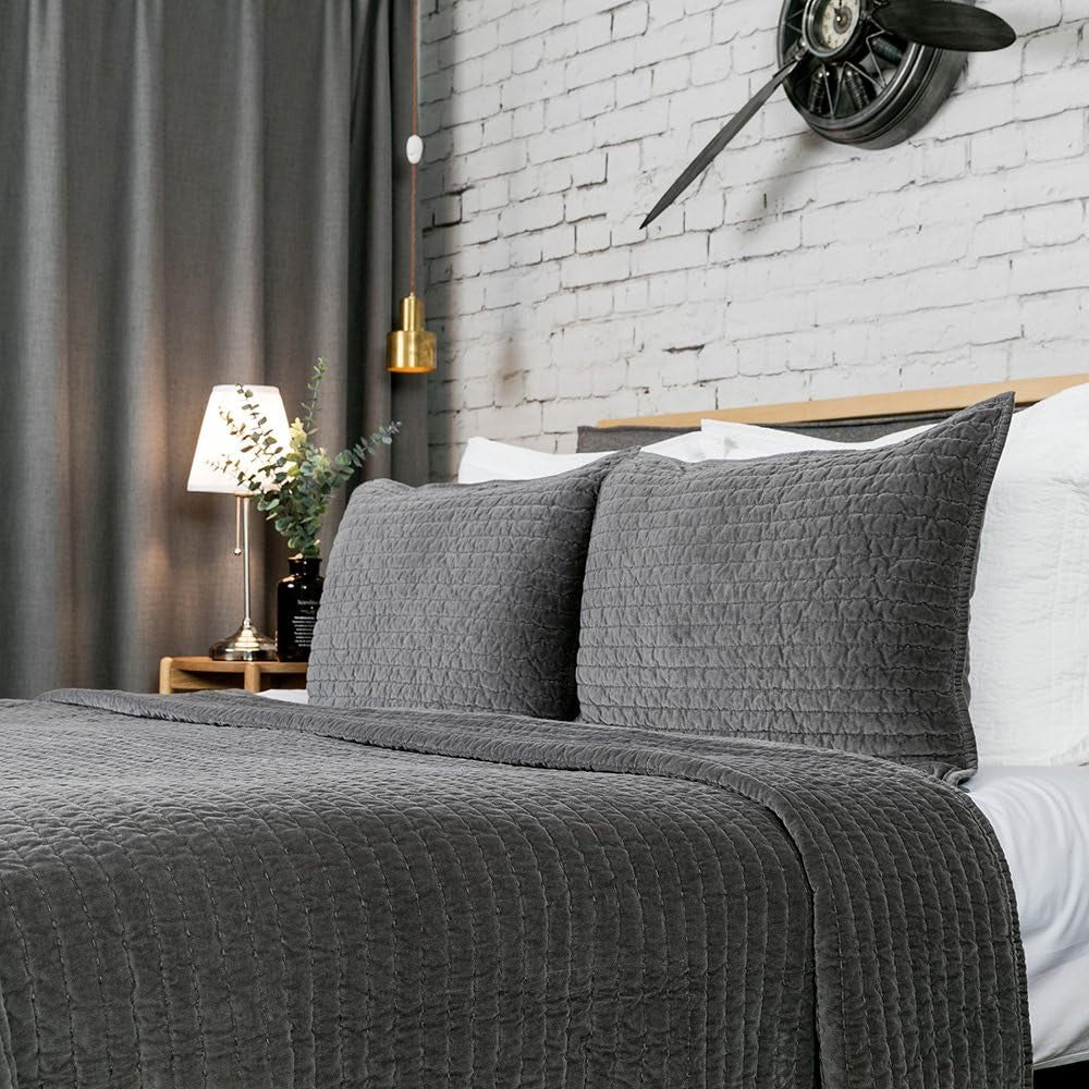 Bed Pillow Sham Royal Cotton Velvet Pic-Stitch Standard Pillow Sham - 20'' X 26'', Grey, 1 Piece