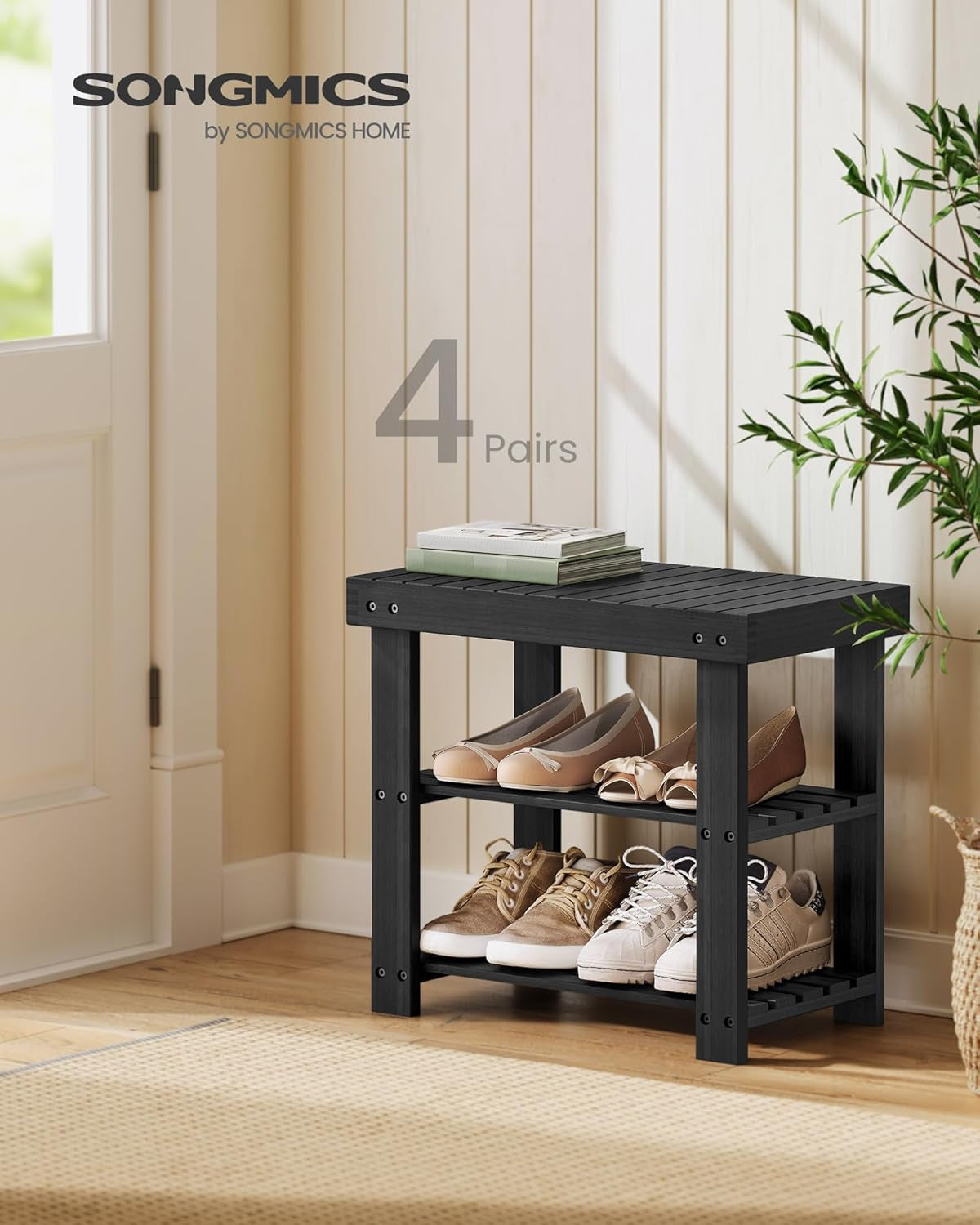 Shoe Rack Bench, 3-Tier Bamboo Shoe Storage Organizer, Entryway Bench, Holds up to 286 Lb, 11.3 X 19.7 X 17.8 Inches, for Entryway Bathroom Bedroom, Ink Black ULBS001B01