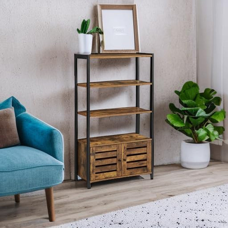 LOWELL Bookshelf, Storage Cabinet with 3 Shelves and 2 Louvered Doors, Industrial Bookcase in Living Room, Study, Bedroom, Multifunctional, Rustic Brown ULSC75BX