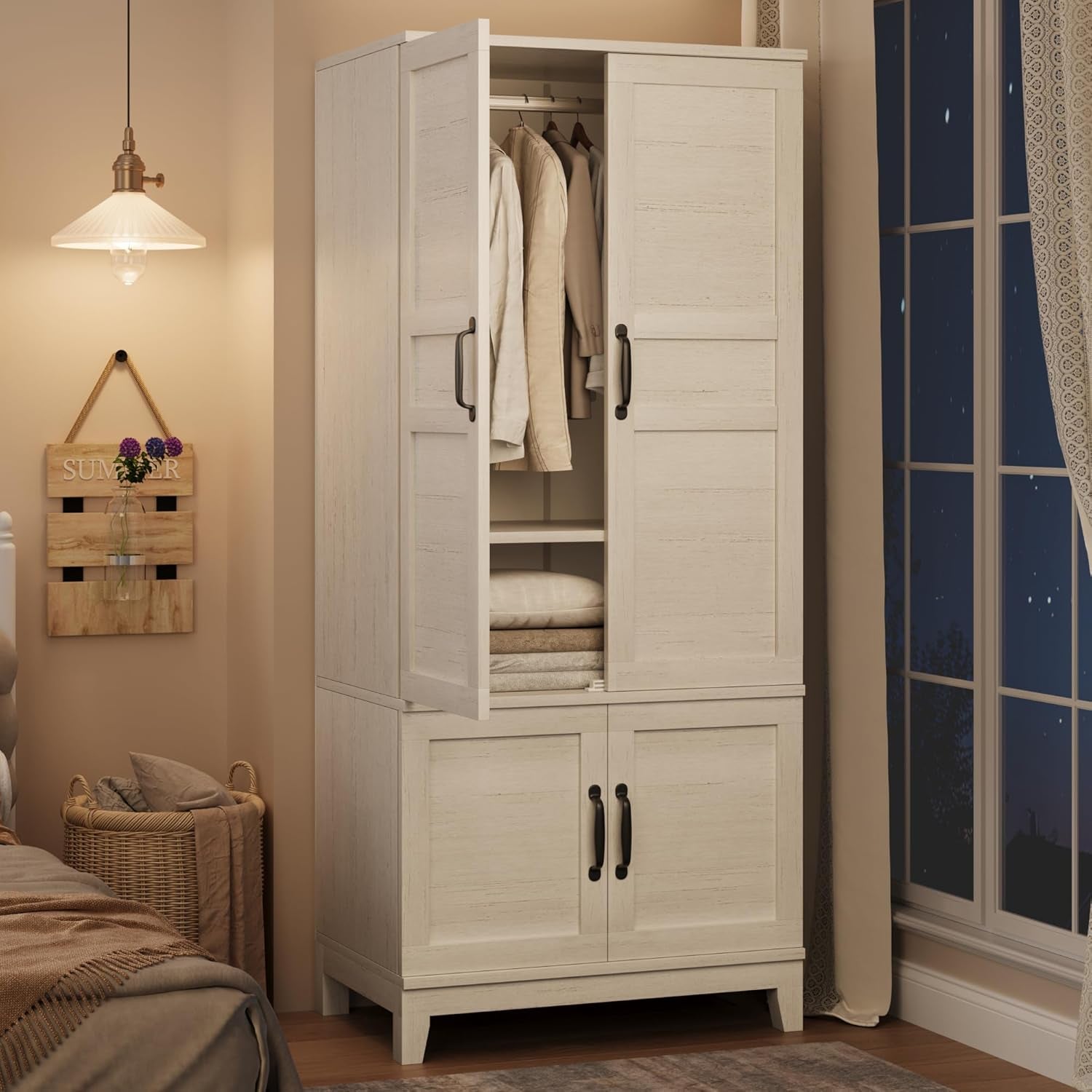 Armoire Wardrobe Closet with 4 Doors,72" Wooden Wardrobe Cabinet with Hanging Rod, Freestanding Tall Clothing Armoire Cabinet with 18 Adjustable Shelves for Bedroom, Clothes, Rustic White