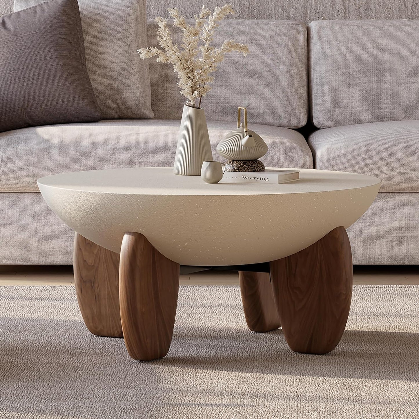 round Concrete Coffee Table with Premium Walnut Ash Wood Legs, Modern Minimalist Cement Finish Center Table for Living Room