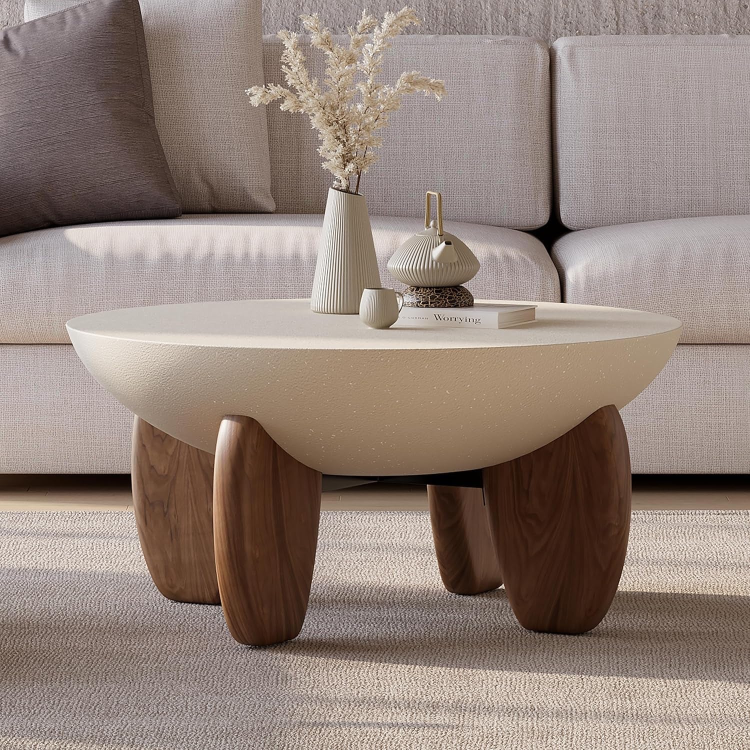 round Concrete Coffee Table with Premium Walnut Ash Wood Legs, Modern Minimalist Cement Finish Center Table for Living Room