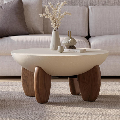 round Concrete Coffee Table with Premium Walnut Ash Wood Legs, Modern Minimalist Cement Finish Center Table for Living Room