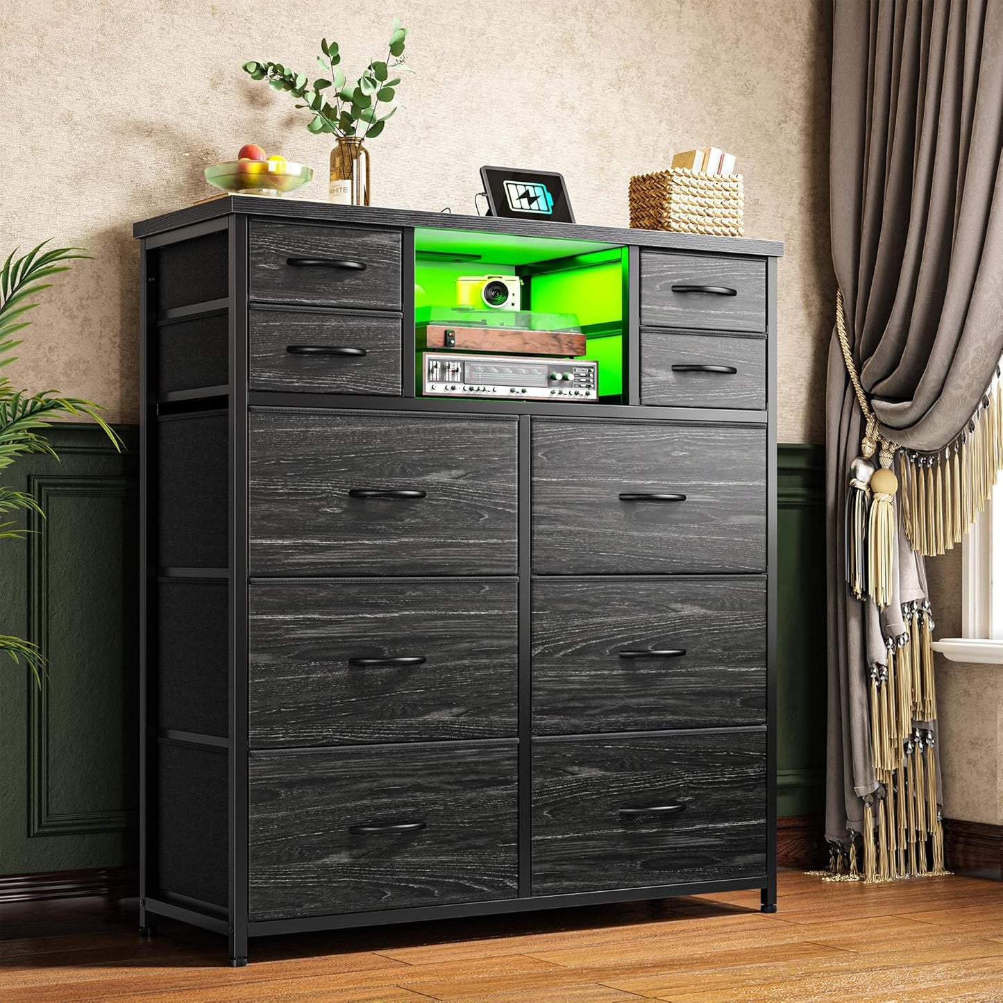 Dresser for Bedroom with 10 Drawers Featuring LED Light and Power Outlet, Fabric Dressers & Chest of Drawers with Open Shelves for Hallway, Living Room, Metal Frame,Wood Top,Grain Black