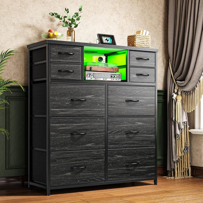 Dresser for Bedroom with 10 Drawers Featuring LED Light and Power Outlet, Fabric Dressers & Chest of Drawers with Open Shelves for Hallway, Living Room, Metal Frame,Wood Top,Grain Black