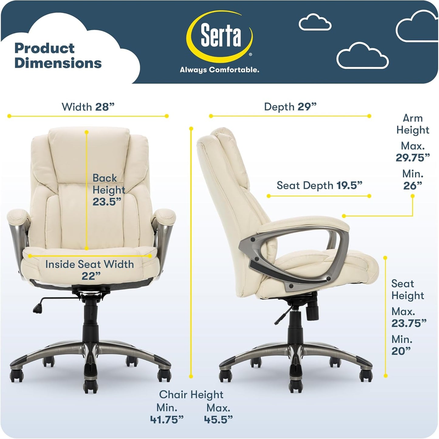 Garret Executive Office Chair, Ergonomic Mid-Back with Lumbar Support, Semi-Plush Cushion and Body Pillows, Padded Armrests, Swivel Base, Bonded Leather, Ivory White