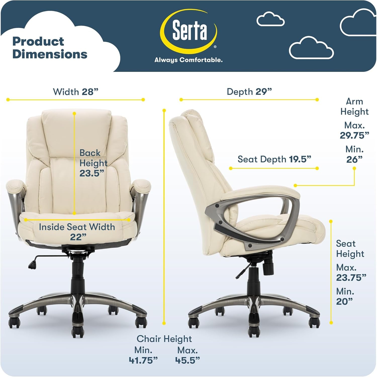 Garret Executive Office Chair, Ergonomic Mid-Back with Lumbar Support, Semi-Plush Cushion and Body Pillows, Padded Armrests, Swivel Base, Bonded Leather, Ivory White
