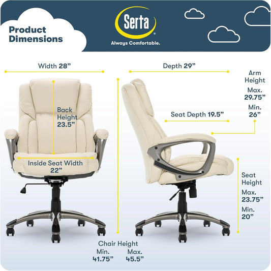 Garret Executive Office Chair, Ergonomic Mid-Back with Lumbar Support, Semi-Plush Cushion and Body Pillows, Padded Armrests, Swivel Base, Bonded Leather, Ivory White