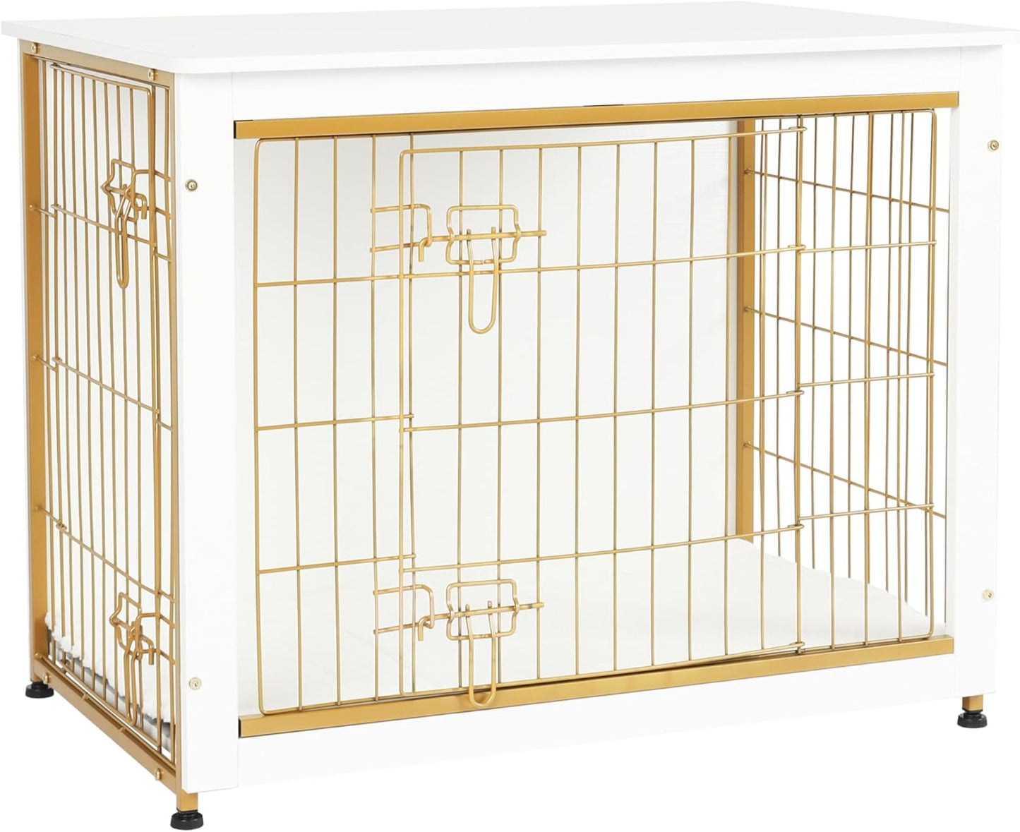 Dog Crate Furniture with Cushion, Wooden Kennel Table with Double Doors, Indoor Dog House, Medium Size, 32.5" L, White