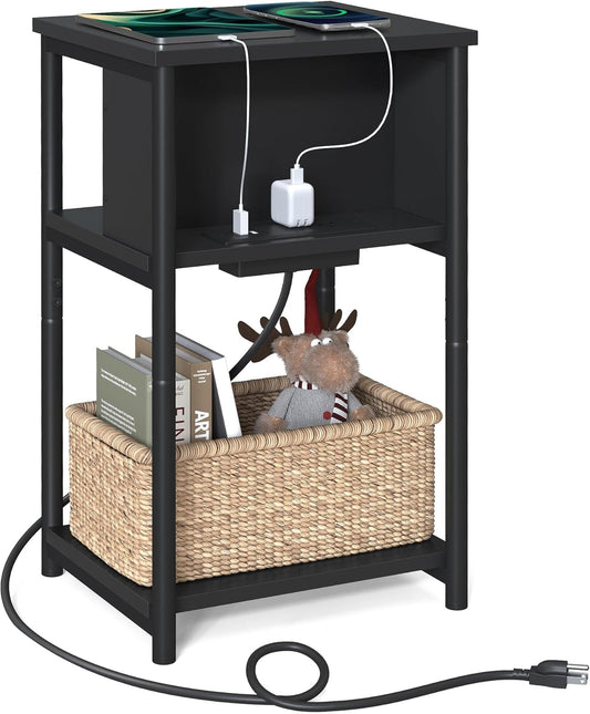 Side Table with Charging Station, 3-Tier End Table with USB Ports and Outlets, Nightstand for Living Room, Bedroom, 11.8 X 13.4 X 22.8 Inches, Plug-In Series, Black