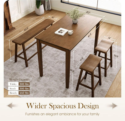 Dining Table Set for 4, Counter Height Table and Chairs, Kitchen Table Set with Bench and 2 Chairs, Small Breakfast Bar Dining Set, Rustic Caramel