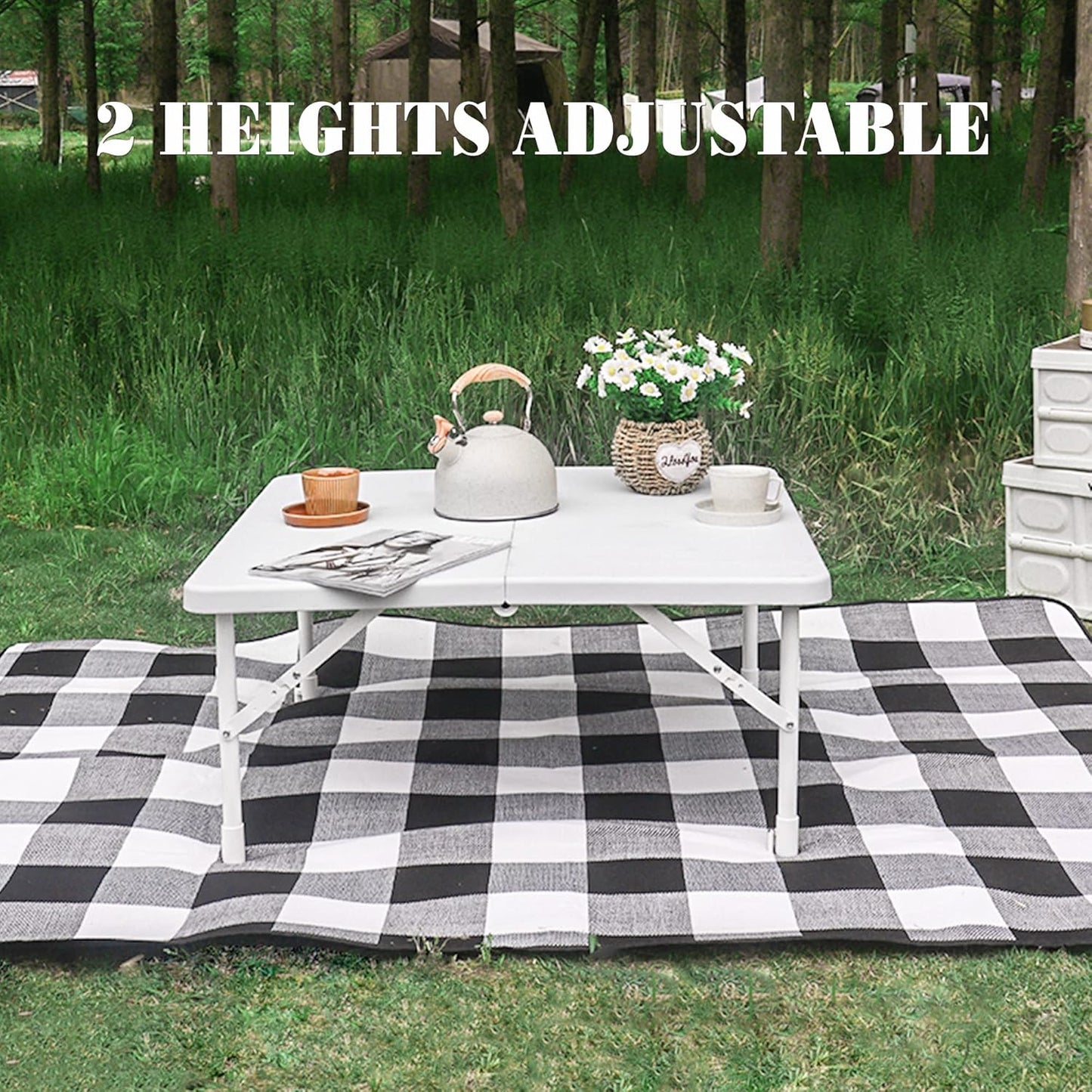 34'' Square Folding Card Table, Fold-In-Half Portable Plastic Dining Table with Carry Handle & 2 Heights for Picnic Party Commercial Events, White