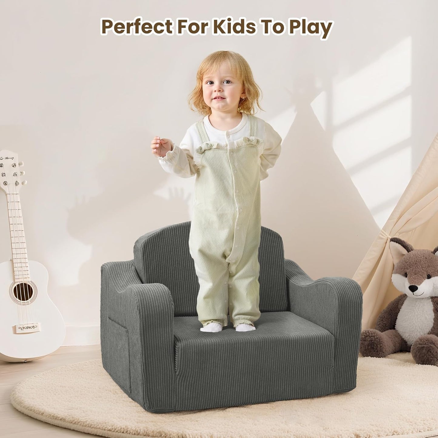 Comfy Toddler Chair for Kids, 2-In-1 Toddler Soft Plush Couch Fold Out, Convertible Kids Couch to Lounger, Baby Sofa for Boys and Girls,Grey