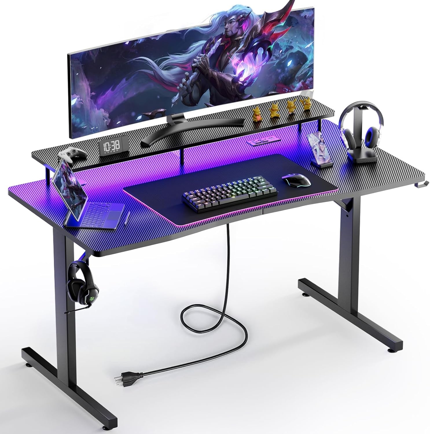 55 Inch Gaming Desk with LED Lights & Power Outlet, Computer Gamer Desk with Monitor Stand, Ergonomic Carbon Fiber Gaming Table Home Office Desk with Headphone Hook & Mouse Pad