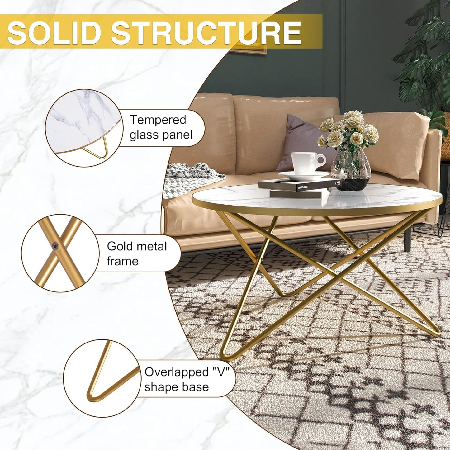 round Coffee Table with White Faux Marble Top