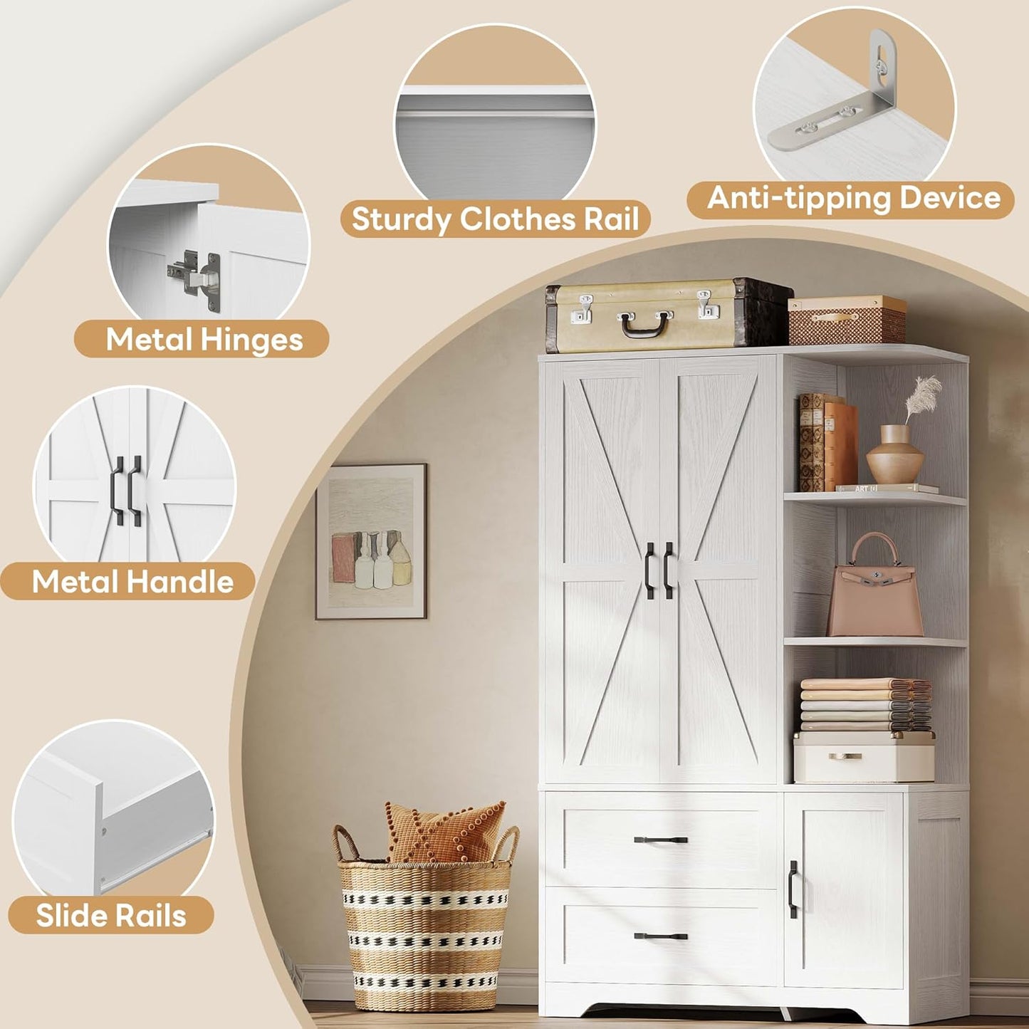 Armoire Wardrobe Closet 70" H, Bedroom Wooden Wardrobe with 3 Doors 2 Drawers, Modern Clothing Storage Cabinet Combination with Storage Shelves and Hanging Rail, White