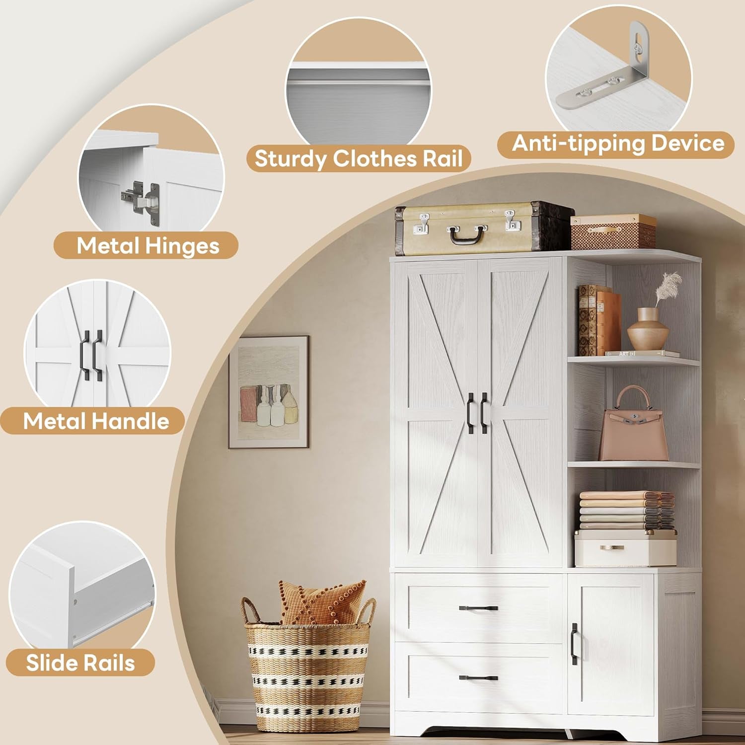 Armoire Wardrobe Closet 70" H, Bedroom Wooden Wardrobe with 3 Doors 2 Drawers, Modern Clothing Storage Cabinet Combination with Storage Shelves and Hanging Rail, White