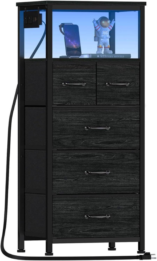 Dresser for Bedroom, Tall Nightstand, Vertical Chest with Wood Top, Charging Station, LED Lights, 5 Fabric Bins, Bedside Table with Shelf, Furniture for Entryway (5 Drawer, Black Oak)