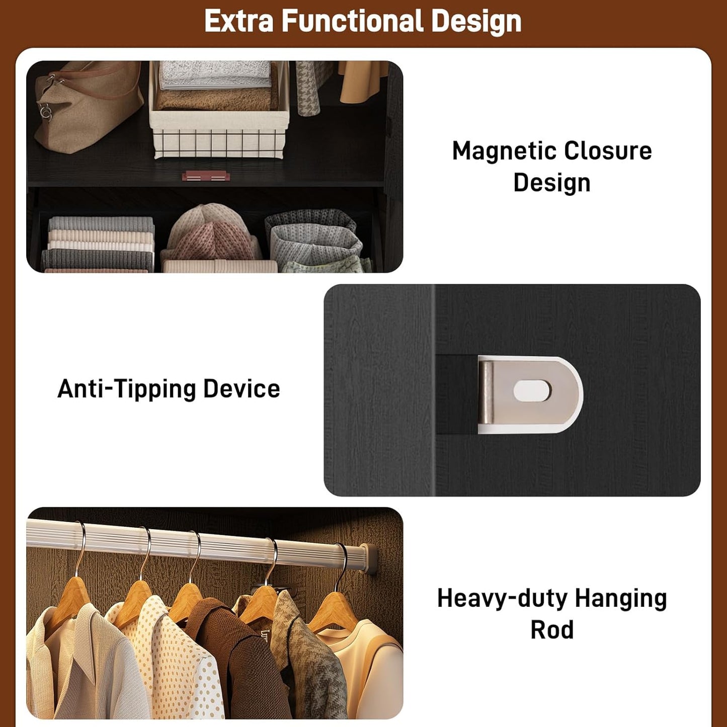 2 Doors Arched  W/Drawers,Led Light,Wooden Closet Wardrobe Cabinet with Hanging Rod for Bedroom,Modern Armoire Storage Cabinet W/Shelf,Black