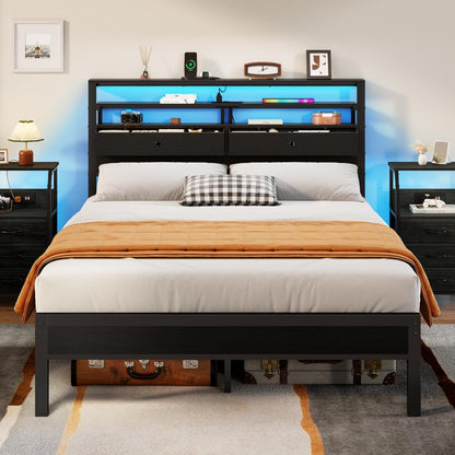 Full Size Bed Frame with Headboard & 2 Fabric Drawers, Full Platform Bed Featuring LED Lights, Built-In Charging Station & Storage Shelves, Metal Slats, No Box Spring Needed – Black Oak
