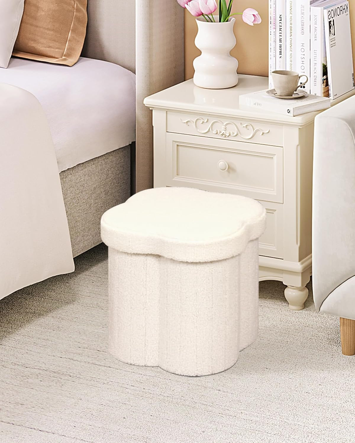 Storage Ottoman Cube, Flowers Shaped Ottomans with Storage Foot Stool Footrest for Lving Room, Boucle Ottoman Seat for Dorm Room,Faux Teddy Fur,White 12.6"X12.6"X12.6"
