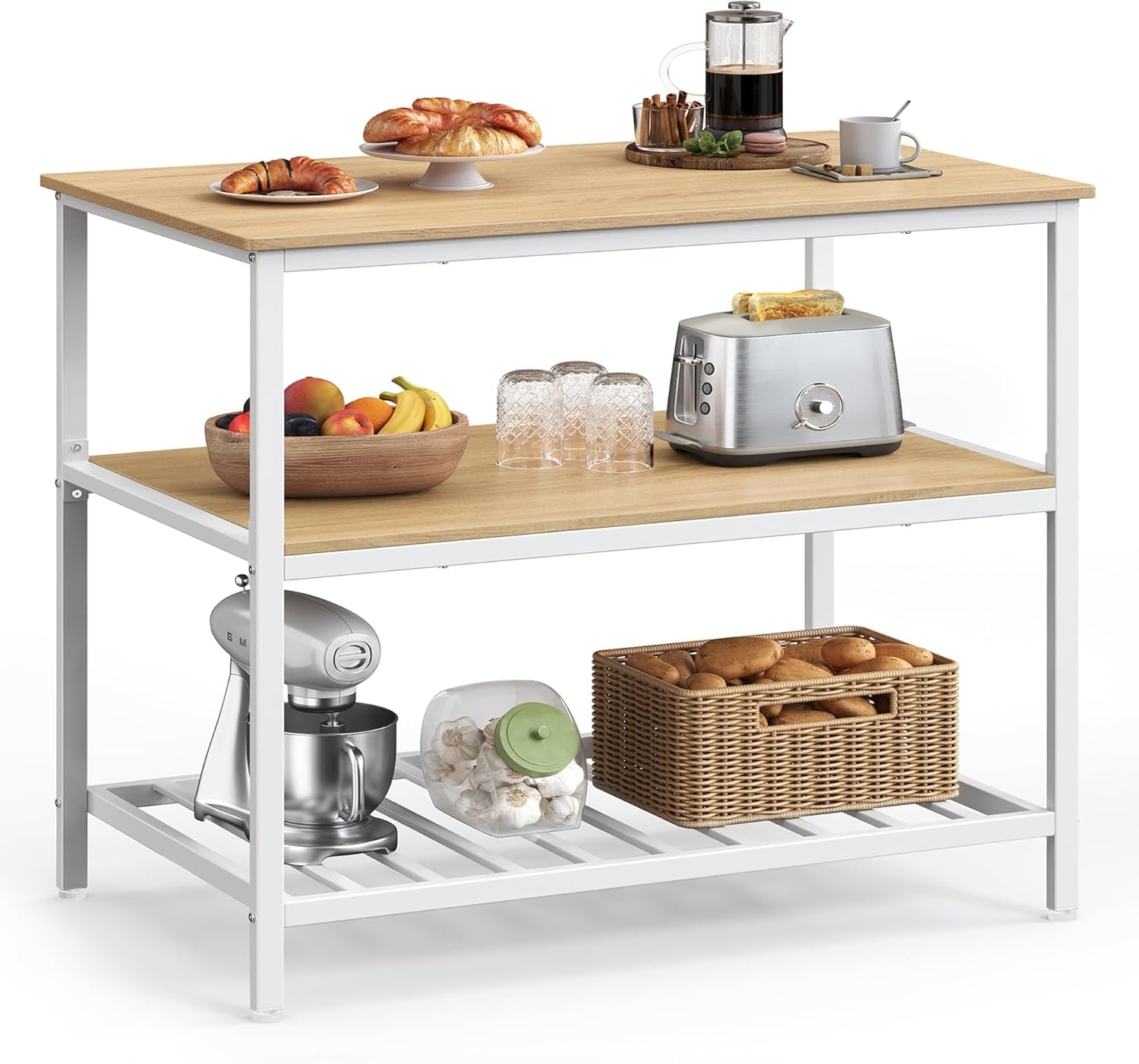 Kitchen Island with 3 Shelves, 39.4 Inches Width Kitchen Shelf with Large Worktop, Stable Steel Structure, Industrial, Easy to Assemble, Oak Color and White UKKI005W09