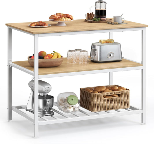 Kitchen Island with 3 Shelves, 39.4 Inches Width Kitchen Shelf with Large Worktop, Stable Steel Structure, Industrial, Easy to Assemble, Oak Color and White UKKI005W09