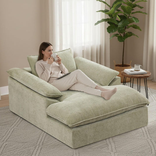57" Oversized Boneless Chaise Lounge Chair with Ottoman Indoor, Comfy Chenille Upholstered Sofa Bed with Armrest, No Assembly Deep Seat Sleeper Armchairs Couch for Living Room, Bedroom, Green