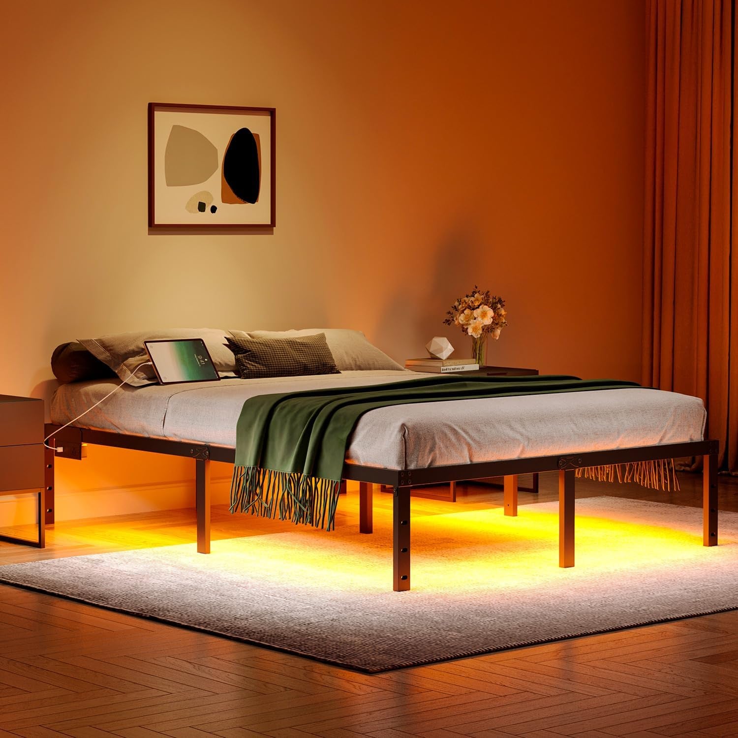 Queen Bed Frame with LED Lights & Charging Station - 14 Inch Heavy Duty Metal Platform Bed Frame No Box Spring Needed, Easy Assembly, No Noise