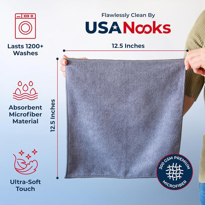 Microfiber Cleaning Cloth Grey - 12 Pcs (12.5"X12.5") - High Performance - 1200 Washes, Ultra Absorbent Microfiber Towel Weave Grime & Liquid for Streak-Free Mirror Shine - Car Washing Cloth