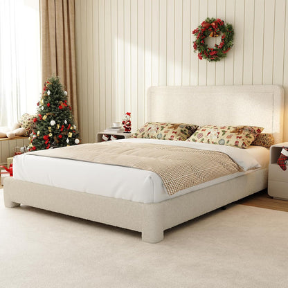 Queen Size Boucle Bed Frame, Modern Cream Bed Frame with Headboard, Soft Rounded Corners, No Box Spring Required, Adjustable Headboard, Easy Assembly