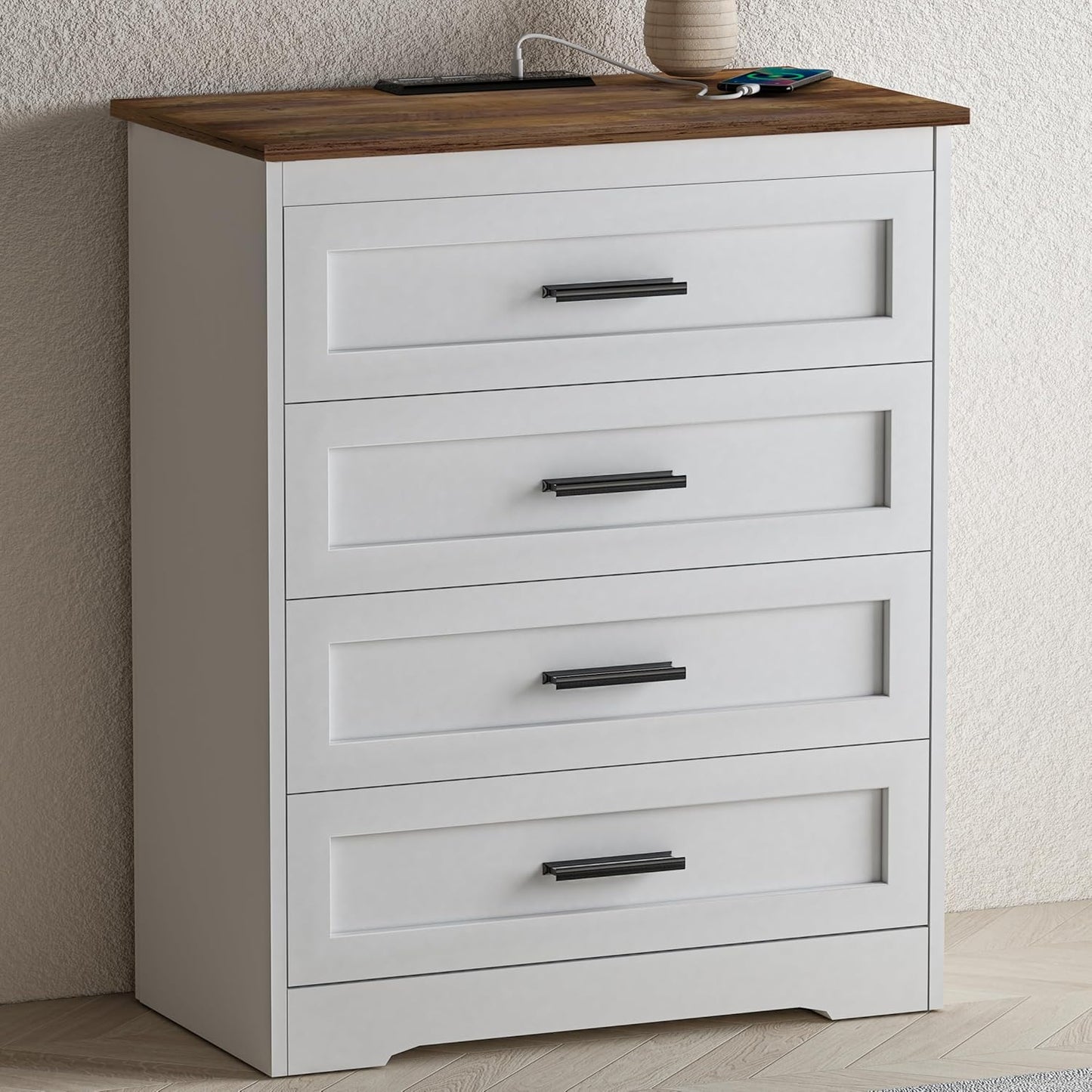 Farmhouse 4 Drawers Dresser for Bedroom Rustic Chest of Drawers with Natural Texture White Drawers Organizer for Living Room Hallway